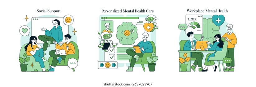 Vector illustration set depicting social support and mental health care scenes. Includes people interacting positively, mental health tools, and a workplace showing stress management.