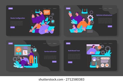 Vector illustration set depicting steps in business workflow, including router configuration, infrastructure optimization, service activation, and brand trust building. Engaging visual design with