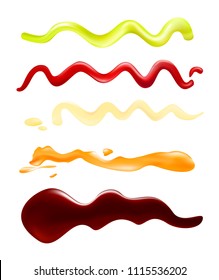 Vector illustration set of depicting strips of different sauce, soy sauce, honey and mustard, wasabi, mayonnaise and ketchup spots on white background.