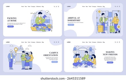 Conjunto de ilustrações vetoriais que retratam a transição dos alunos para a vida universitária. As cenas incluem fazer as malas em casa, chegar a um dormitório, frequentar uma orientação de campus e fazer novos amigos.