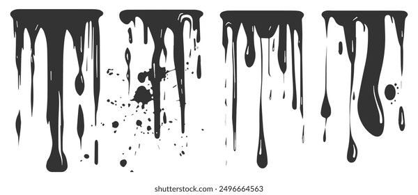 Vector illustration set depicting various forms of dripping paint, flowing liquid, and paint splatter, including paint flows, stains, drops, inks, and molten elements, presented in black silhouette.