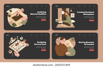 Vector illustration set depicting various design concepts. Analyzing material qualities by evaluating swatches, creating emotional atmospheres with candles, designing sensory zones, and sharing