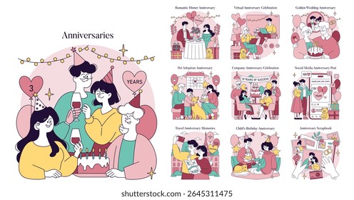 Vector illustration set depicting various anniversary celebrations. Scenes include romantic dinner, virtual party, pet adoption, company milestones, social media posts, and family moments.