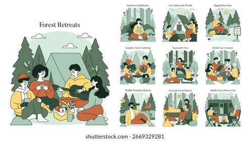 Conjunto de ilustração vetorial que descreve várias atividades de refúgio florestal. Inclui meditação, reuniões de fogueira, ioga, desintoxicação digital, observação da vida selvagem e relaxamento da cabine ecológica em um ambiente florestal.