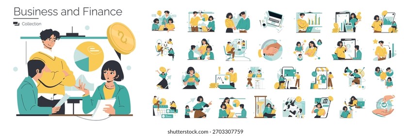 Conjunto de Ilustraciones vectoriales que representa varios conceptos comerciales y financieros, incluido el trabajo en equipo, el análisis financiero y la planificación estratégica, con individuos que interactúan con gráficos, gráficos y monedas.