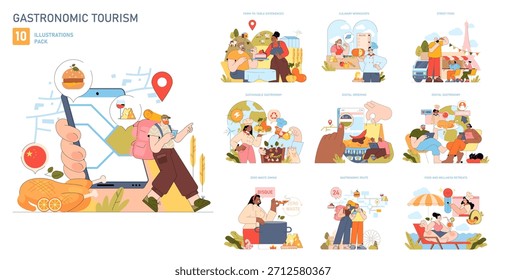 Ilustração vetorial representando vários aspectos do turismo gastronômico. Inclui cenas de experiências do campo à mesa, comida de rua, oficinas culinárias e integração da gastronomia digital.