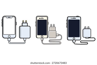 Conjunto de Ilustración vectorial que representa varios teléfonos inteligentes conectados a cargadores de pared con cables USB, mostrando el proceso común de carga de dispositivos móviles en un estilo de diseño plano.
