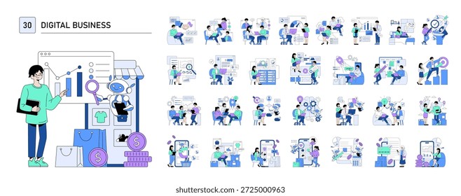 Conjunto de ilustrações vetoriais que descreve vários cenários de negócios digitais, incluindo análise de dados, trabalho em equipe e atividades de comércio eletrônico. Os personagens se envolvem em tarefas orientadas por tecnologia e colaboração.