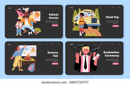 Vector illustration set depicting various school events including a lively assembly, an exciting field trip, a scientific experiment at a science fair, and a cheerful graduation ceremony.