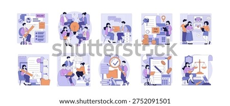 Vector illustration set depicting various business scenarios, including teamwork discussions, job applications, real estate transactions, and legal documentation. Ideal for business concepts.