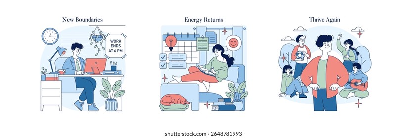 Vector illustration set depicting work-life balance themes. Images show a person setting work boundaries, relaxing at home, and experiencing personal growth with friends. Emphasizes harmony and joy.