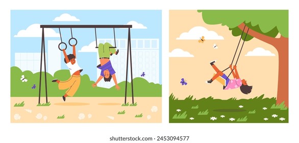 A vector illustration set depicts children gleefully playing on swings in an urban park and lush greenery, expressing freedom and joy