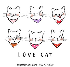 Vector illustration set design different emotion face of adorable cat.Draw doodle style.