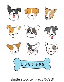 Vector illustration set  design different emotion face of adorable dog.Draw doodle style.