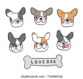 Vector illustration set  design different emotion face of french bulldog.Draw doodle cartoon style.