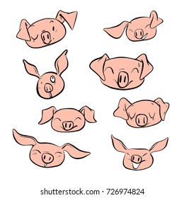 Vector illustration set design different emotion face of pig.Hand draw doodle style.