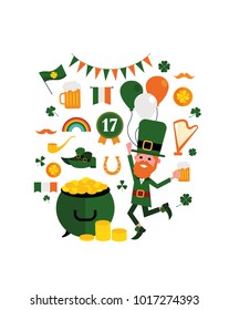 vector illustration. set of design elements on white background. The feast day of Saint Patrick is celebrated on March 17 in Ireland. set of thematic elements