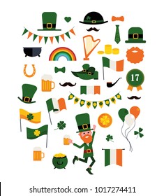  ilustración vectorial. conjunto de elementos de diseño sobre fondo blanco. El día de la fiesta de San Patricio se celebra el 17 de marzo en Irlanda. conjunto de elementos temáticos