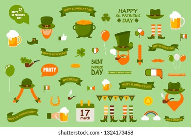 Vector illustration set of design elements on a green background. St. Patrick's Day is celebrated on March 17 in Ireland. a set of templates of thematic elements.