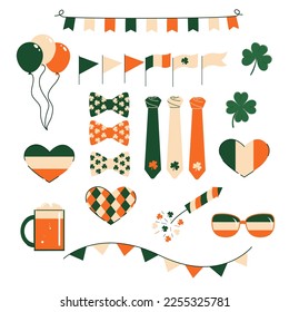 Vector illustration, set of design elements on white background. The feast day of Saint Patrick is celebrated on March 17 in Ireland. set of thematic elements pattern