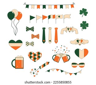 Vector illustration, set of design elements on white background. The feast day of Saint Patrick is celebrated on March 17 in Ireland. set of thematic elements pattern with color flag