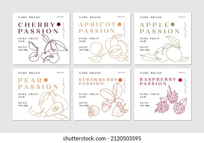 Vector illustration set of design labels with apple, apricot, pear, strawberry and raspberry, cherry fruits - simple linear style. Emblems composition with fruits and typography