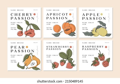 Vector illustration set of design labels with apple, apricot, pear, strawberry and raspberry, cherry fruits - simple linear style. Emblems composition with fruits and typography