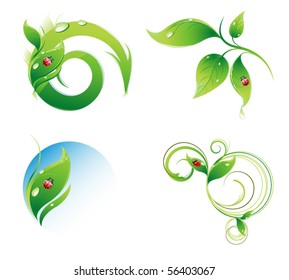 Vector illustration set of design plant leaves with funny insects