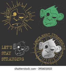 Vector illustration of set design for shirt, for T-shirt with monkey. Vintage design of shirt.