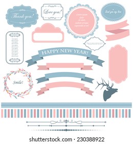 Vector illustration of a set of design tags, labels, dividers and other objects dedicated to Christmas and New Year theme