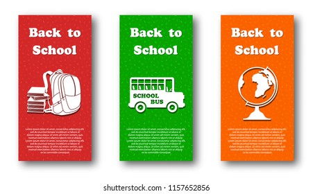 Vector illustration set, design template for Back to school. Seamless pattern background with school supplies drawing icons. 3d text Back to school. Bus, books and backpack, globe symbols.