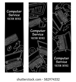 Vector illustration set of design web vertical banners on blackboard for computer services, business, e-learning. Black and white sketchy style concepts for web and graphic design.