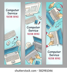 Vector illustration set of design web vertical banners for computer services, business, e-learning. Sketchy style concepts for web and graphic design.