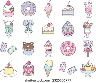 Vector illustration set of dessert icons such as cakes, donuts, puddings and parfaits