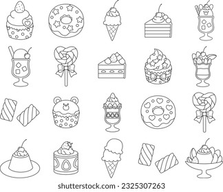 Vector illustration set of dessert icons such as cakes, donuts, puddings and parfaits