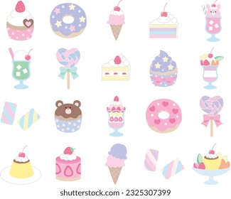 Conjunto de ilustraciones vectoriales de iconos de postre como pasteles, donuts, puddings y parfaits