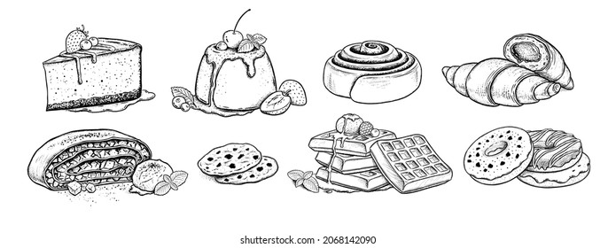 Vector illustration set of desserts and bakery products. Vintage style drawing isolated on white background.