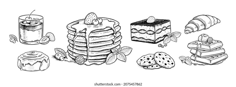 Vector illustration set of desserts and bakery products. Vintage style drawing isolated on white background.