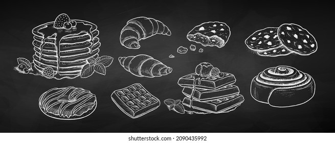 Vector illustration set of desserts and bakery products. Chalk drawing isolated on chalkboard background.