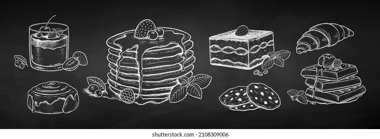 Vector illustration set of desserts and bakery products. Chalk drawing isolated on chalkboard background.