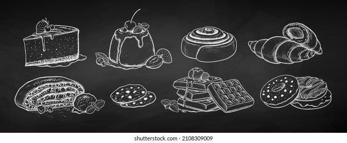 Vector illustration set of desserts and bakery products. Chalk drawing isolated on chalkboard background.