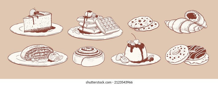 Vector illustration set of desserts and bakery products. Retro style isolated drawings.