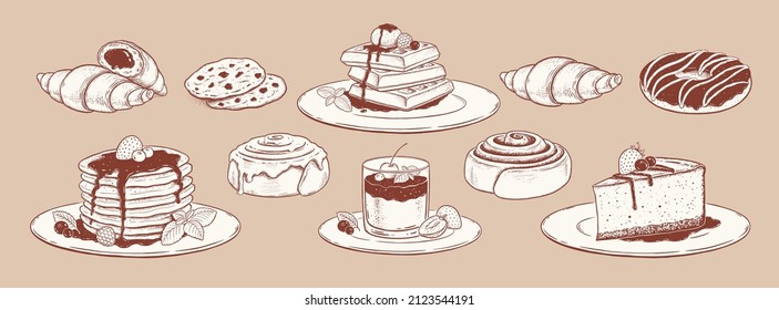 Vector illustration set of desserts and bakery products. Retro style isolated drawings.