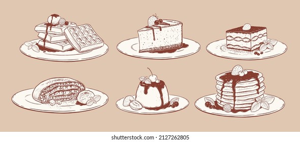 Vector illustration set of desserts on plates. Retro style isolated drawings.