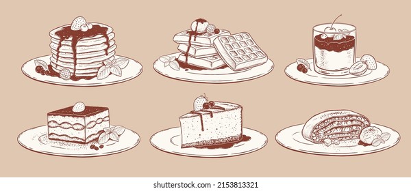 Vector illustration set of desserts on plates. Retro style isolated drawings.