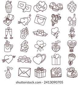 vector illustration set of detailed line art icons with a heart and valentine theme