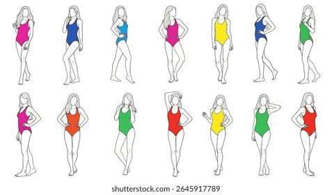 ilustração vetorial: Um conjunto de esboços detalhados de mulheres em trajes de banho de biquíni coloridos, apresentando várias poses e tipos de corpo em um fundo branco