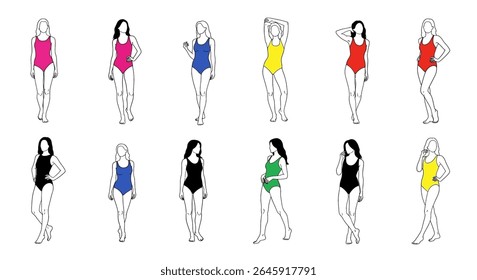 ilustração vetorial: Um conjunto de esboços detalhados de mulheres em trajes de banho de biquíni coloridos, apresentando várias poses e tipos de corpo em um fundo branco