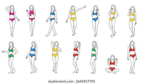 ilustração vetorial: Um conjunto de esboços detalhados de mulheres em trajes de banho de biquíni coloridos, apresentando várias poses e tipos de corpo em um fundo branco