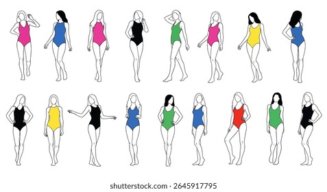 vector illustration: A set of detailed outlines of women in colorful bikini swimsuits, showcasing various poses and body types on a white background